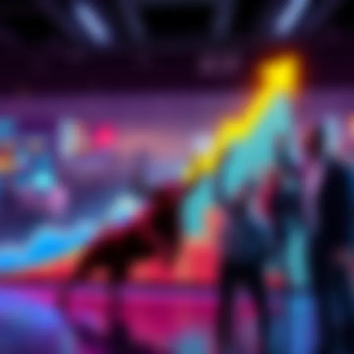 Graph showing the rise in value of the Kaspa asset with upward arrows and happy investors celebrating their gains.