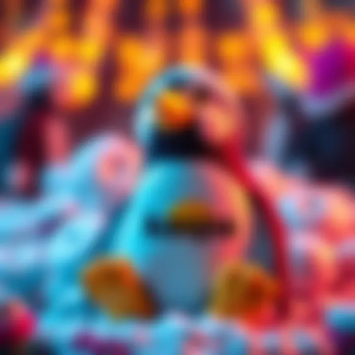 A playful penguin wearing a Kaspa logo, surrounded by colorful meme elements, representing the trending meme culture.