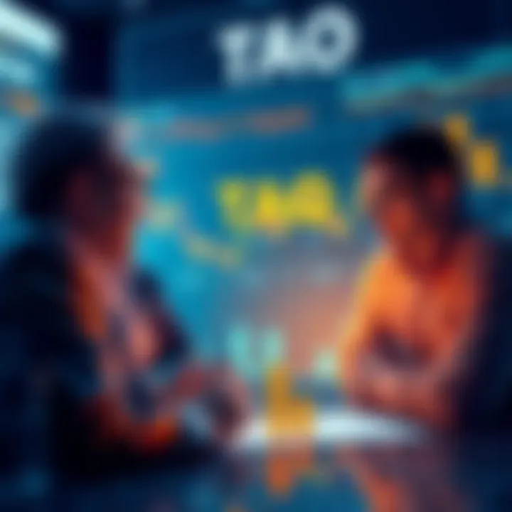 Kaspian investors discussing TAO investment A group of Kaspians engaged in a discussion about investing in TAO, with charts and graphs showing price trends around them