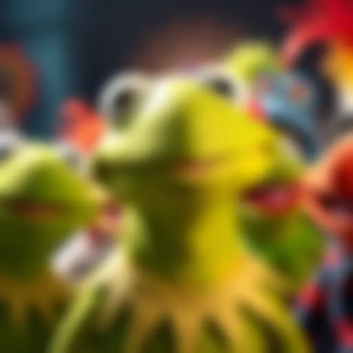 Kermit the Frog brings joy with his cheerful smile surrounded by colorful characters