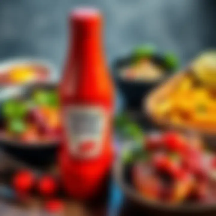 A ketchup bottle next to gourmet dishes showcasing creative uses of ketchup in modern cooking