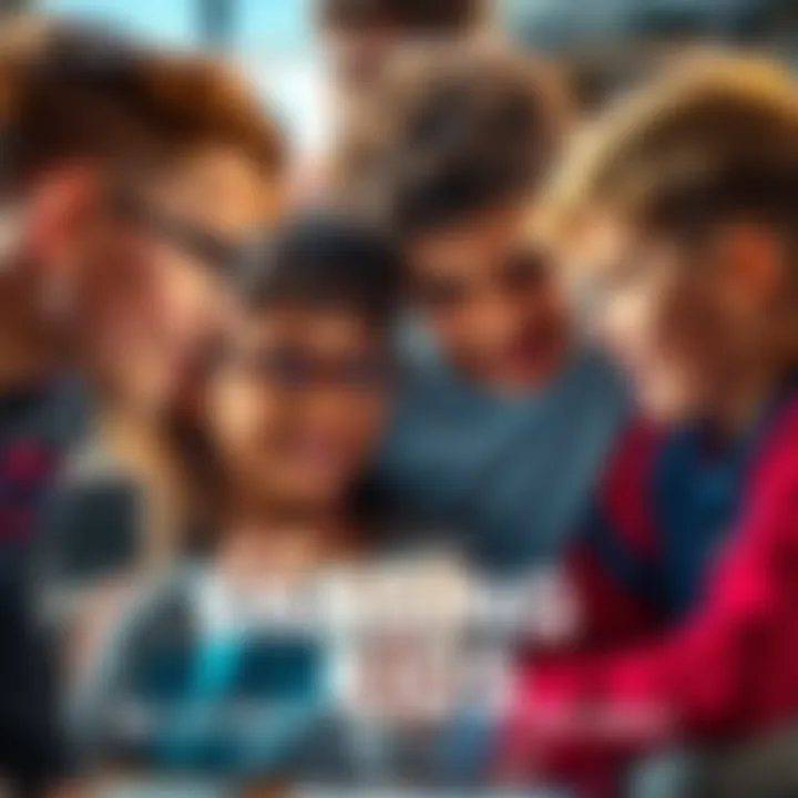 A group of boys and girls chatting and sharing ideas, with expressions of curiosity and excitement.