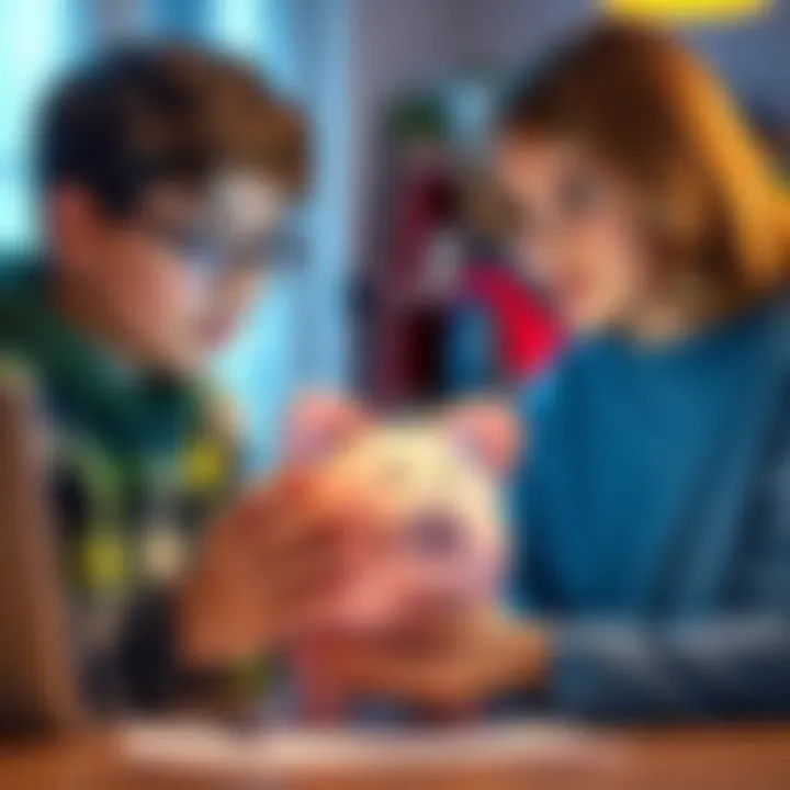 Kids' bank account A child with a piggy bank and a guardian discussing opening a bank account