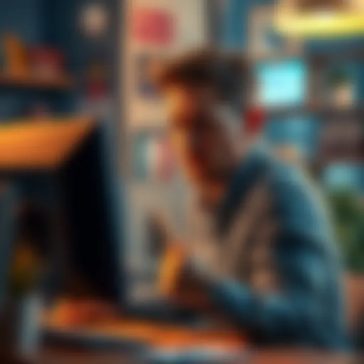 A frustrated business owner looking at a computer screen showing a message about account closure due to crypto mentions