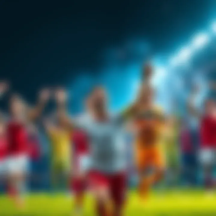 Knockout Stage Matches A collage of soccer players celebrating after victories in knockout stage matches, showcasing excitement and surprises