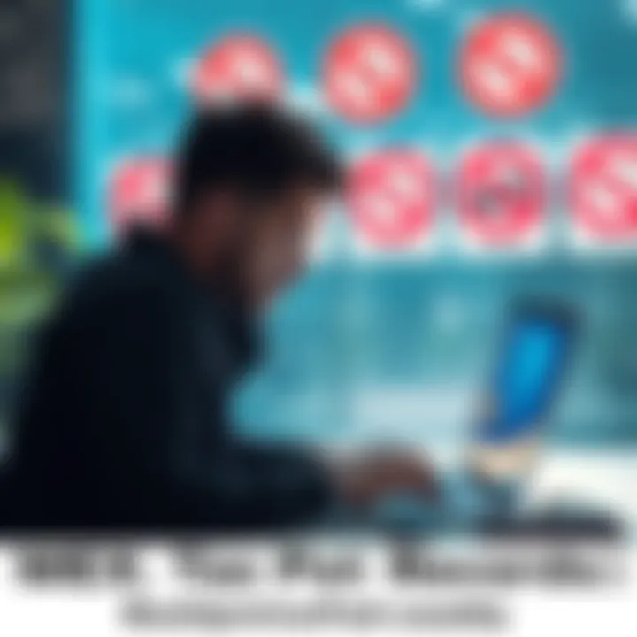 A person looking at tax records on a laptop, with a background of restricted access signs, symbolizing tax issues in MEXC.