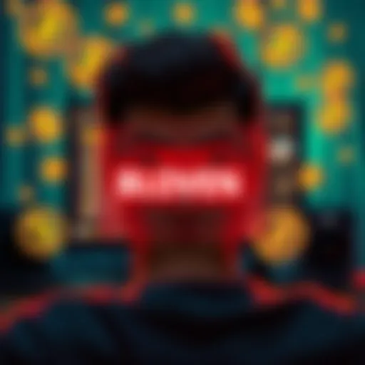 A frustrated person looking at a computer screen showing a blocked VPN message while surrounded by crypto symbols