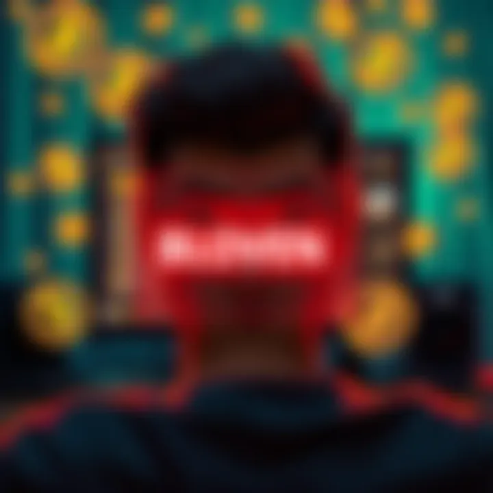 Koinly VPN Restrictions A frustrated person looking at a computer screen showing a blocked VPN message while surrounded by crypto symbols