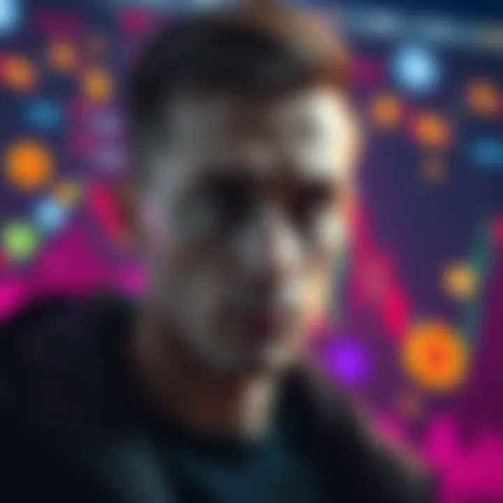 Crypto influencer Konstantin Galish A somber portrait of Konstantin Galish, a Ukrainian crypto influencer, looking pensive, with a backdrop of cryptocurrency symbols and charts.