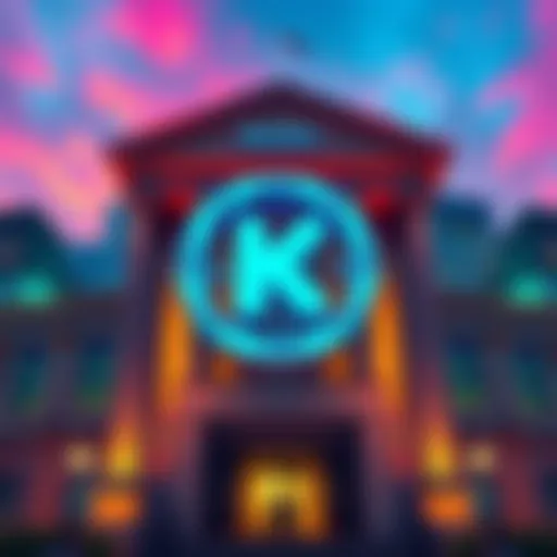 Kraken's logo with a bank building in the background, symbolizing its shift to a banking institution.