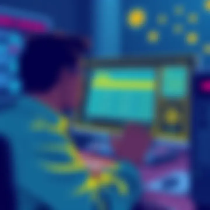 Illustration of a person looking at a computer screen displaying cryptocurrency tax forms with a focus on small amounts.