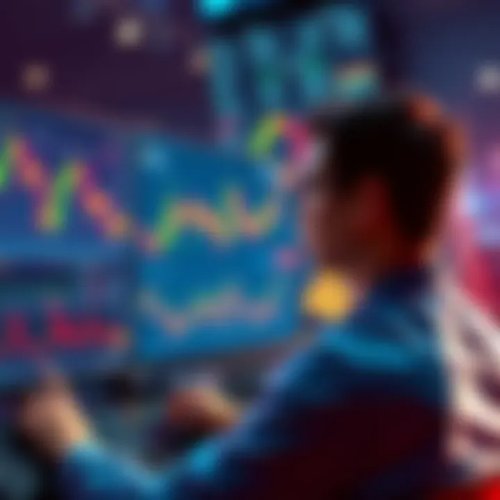 A person actively participating in spot margin trading with graphs and charts on the screen, showing potential profits and flexibility in trading.