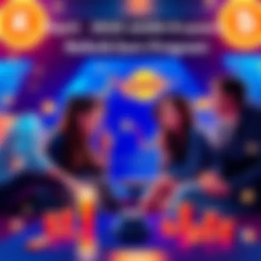 Graphic showing friends inviting each other to join KuCoin and earn rewards, with cash and trading symbols