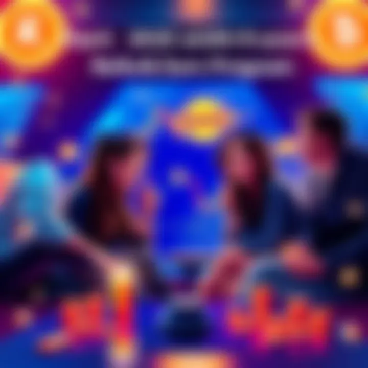 Graphic showing friends inviting each other to join KuCoin and earn rewards, with cash and trading symbols