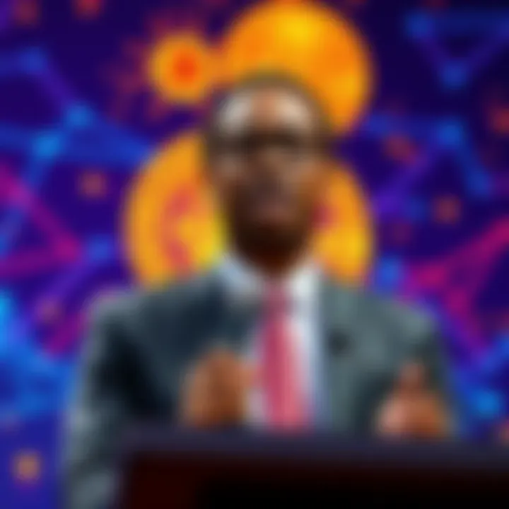 Kwasi Kwarteng speaking at a podium about the new Bitcoin Treasury initiative with graphics of Bitcoin and blockchain in the background