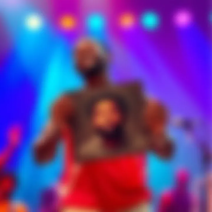 Kyrie Irving holding LaRussell's album, showing excitement and support for the artist, with a vibrant background representing music.