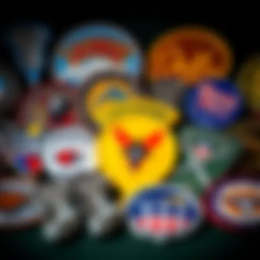 A display of various unique lacrosse badges from Wisconsin Dells, Fond du Lac, and Oshkosh.