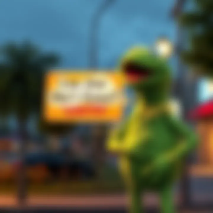 A new landmark owner stands next to a sign that celebrates Kermit, expressing admiration for the character by calling him 'Goated.'