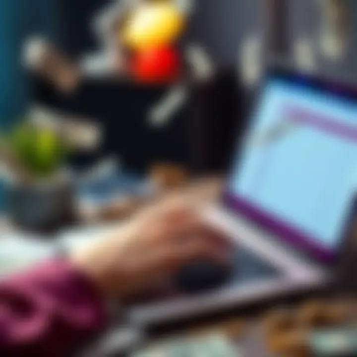 Laptop and survey form A person completing an online survey on a laptop, surrounded by dollar bills and coins, symbolizing potential earnings from beginner surveys.