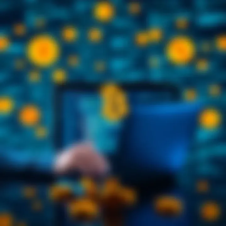 Laptop Cracking Bitcoin Keys A person working on a laptop surrounded by code and Bitcoin symbols, illustrating a quest to unlock cryptocurrency keys.