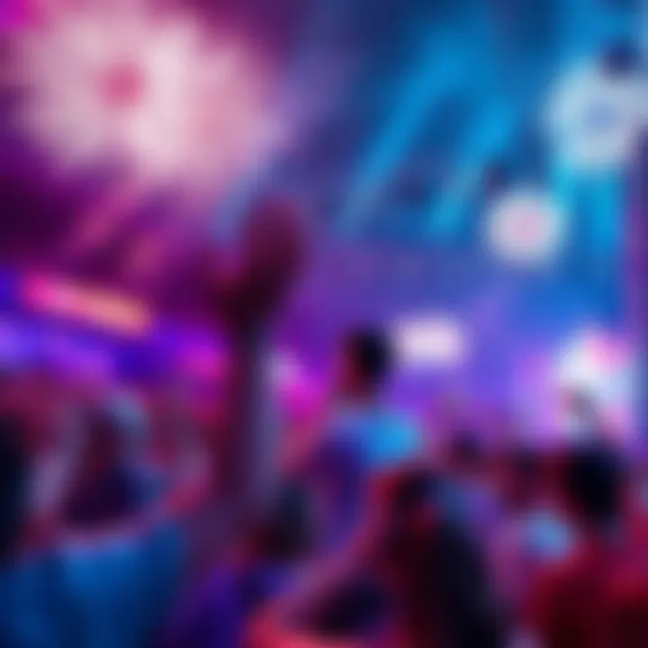 A lively celebration scene for the last GM event in 2025, with people cheering, fireworks in the sky, and colorful decorations.