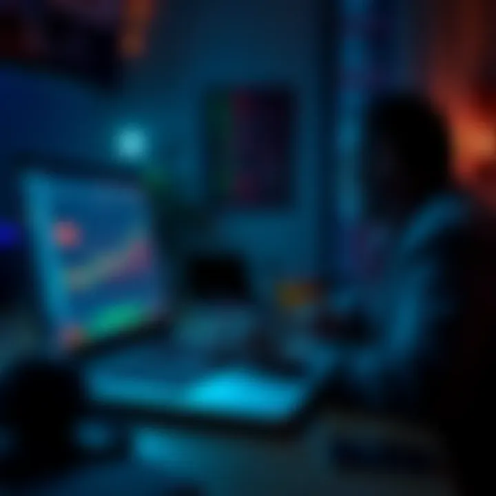 Late Night Crypto Check Person checking cryptocurrency portfolio on a laptop at 3AM with a focus on charts and numbers