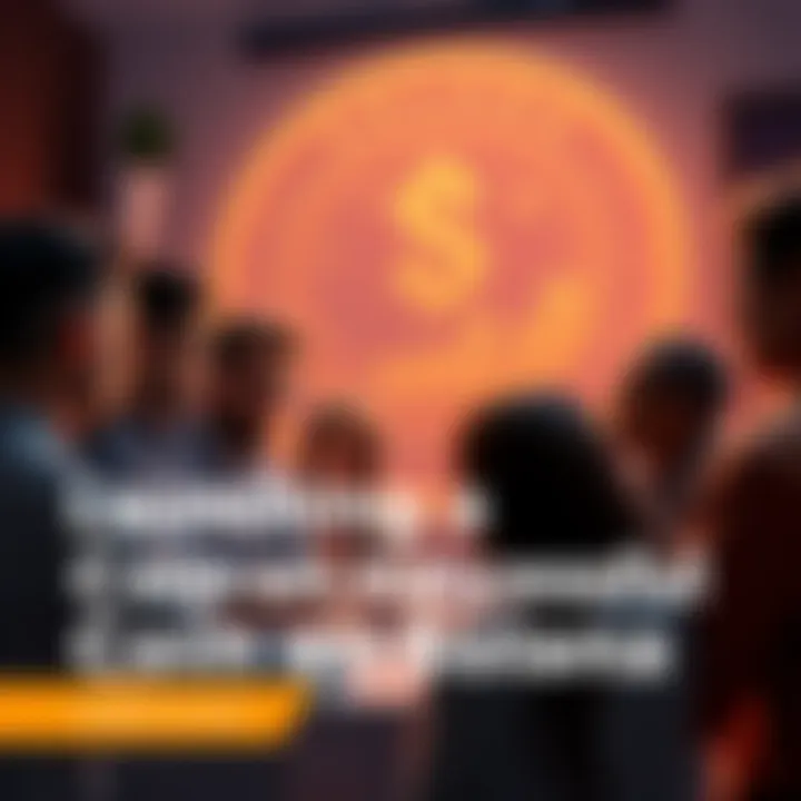 A group of diverse people discussing coin launch strategies with charts and a Solana logo in the background.