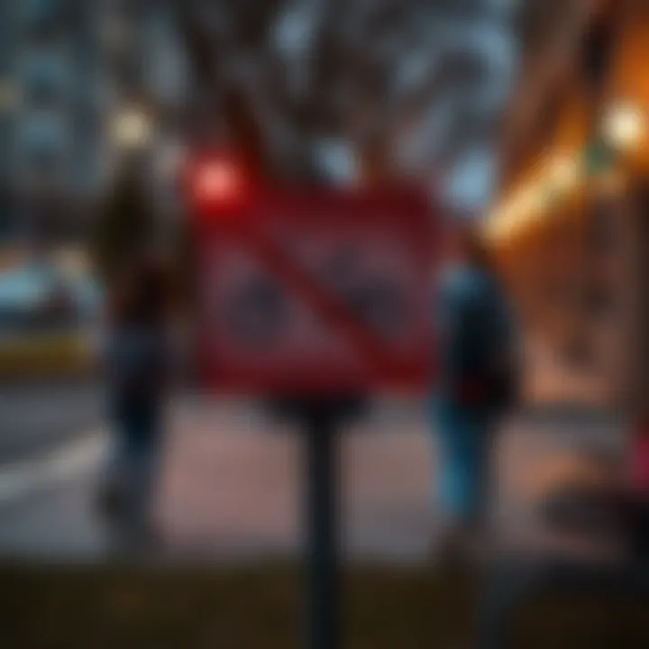 A sign prohibiting e-bikes on school property with students walking nearby