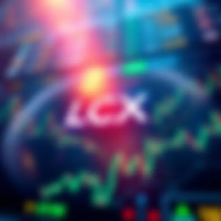 LCX logo with financial charts Illustration of LCX logo surrounded by financial charts and market data