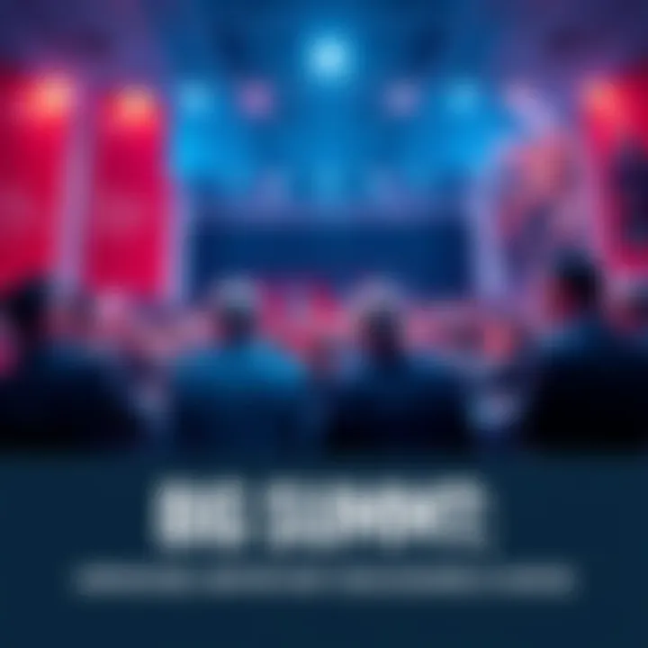 A group of leaders engaged in discussion at a summit, with a backdrop of banners and a large audience