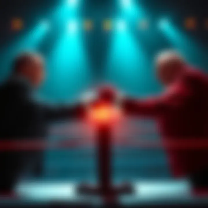 Depiction of World War II leaders preparing for a fist fight in a boxing ring