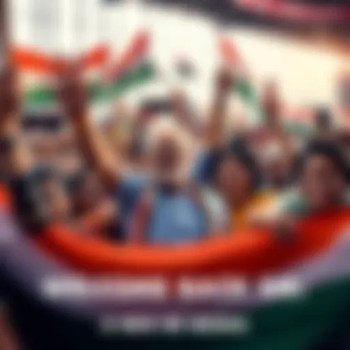 A rally featuring a group of enthusiastic people welcoming a returning leader, holding banners and flags, with smiles and excitement.