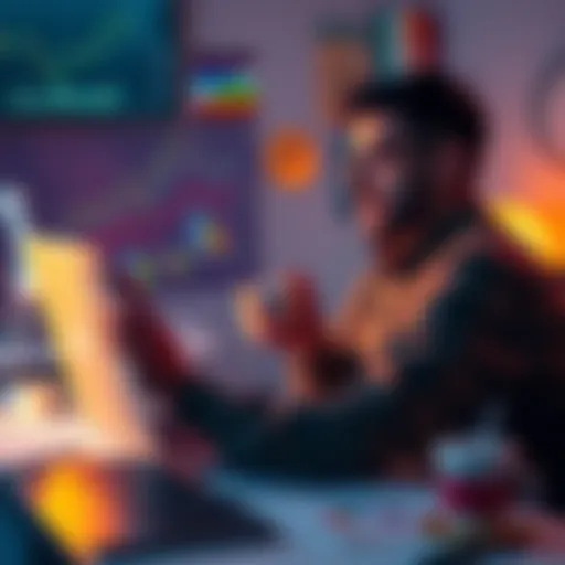 A person sits at a desk with a laptop, studying cryptocurrency charts and notes while sipping coffee.