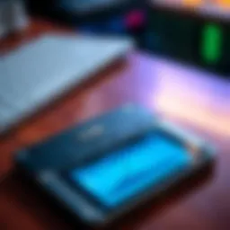 A close-up of a Ledger hardware wallet on a table with a digital screen showing cryptocurrency options.