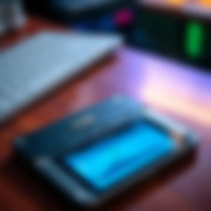 A close-up of a Ledger hardware wallet on a table with a digital screen showing cryptocurrency options.