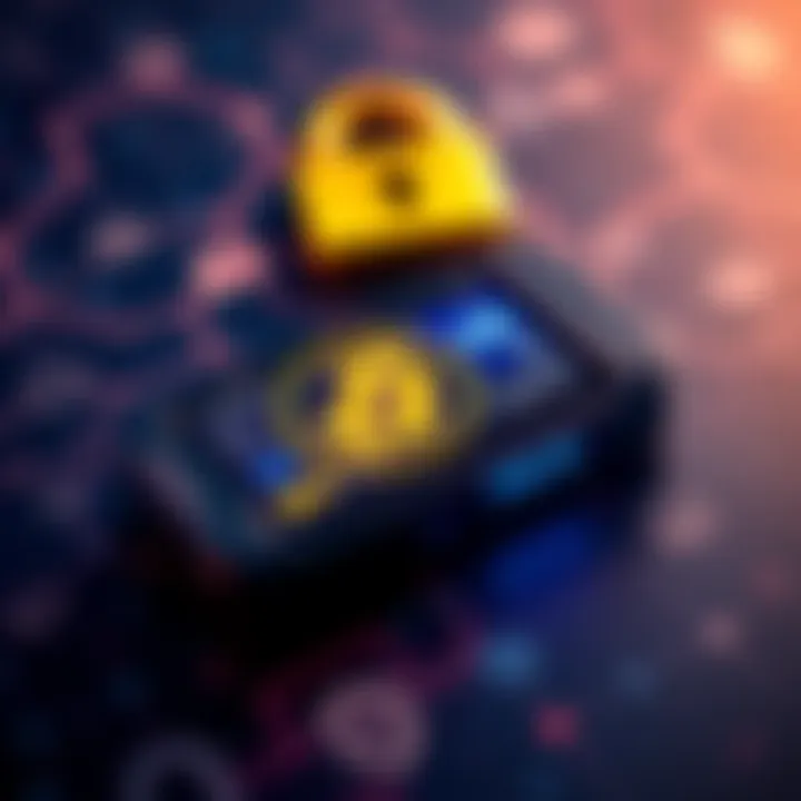A Ledger Nano S device displaying Bitcoin wallet information on its screen, surrounded by security symbols like a lock and shield.
