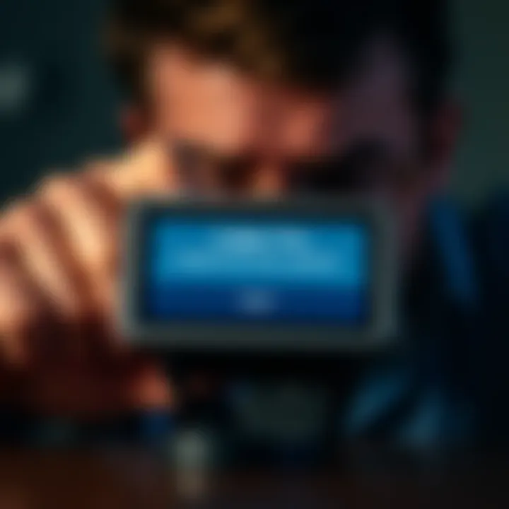 A close-up of a Ledger Flex displaying an update error message, with a frustrated person in the background.