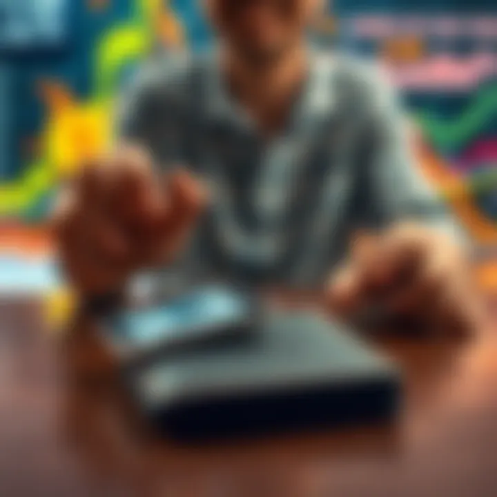 A person comparing a Ledger Nano wallet and a Trezor wallet on a table, with digital currency graphics in the background.