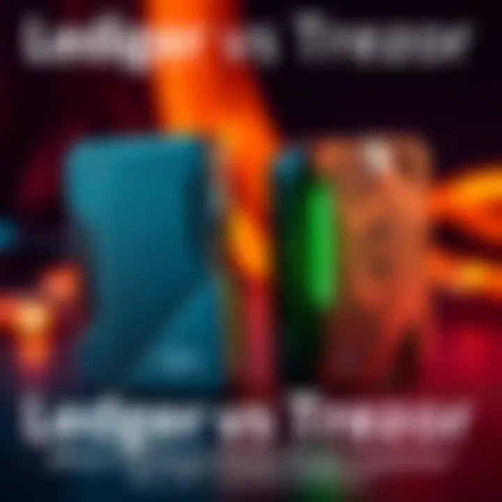 Two hardware wallets shown side by side, each with a unique design, representing Ledger and Trezor in a comparison setting.