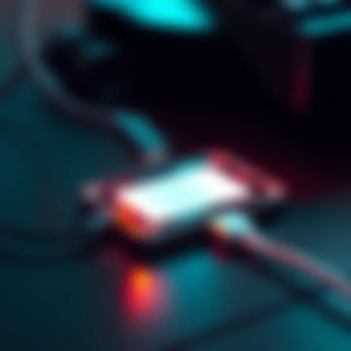 Close-up of a ledger device with a charging cable plugged in, showing a blank screen indicating it is not powering on