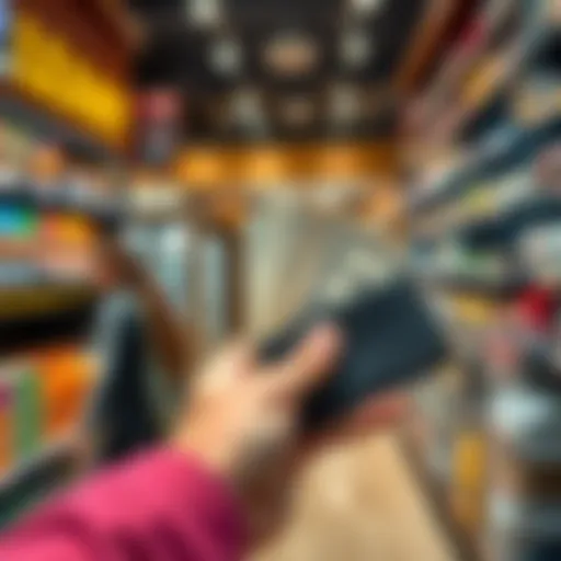 A person holding a Ledger hardware wallet and cash in a store setting