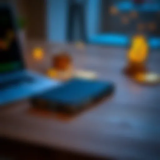 A Ledger wallet placed on a wooden table next to a laptop and cryptocurrency symbols.