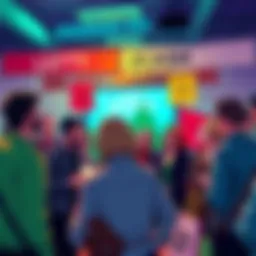 A group of diverse people discussing Zcash and leftist politics at a community event, with banners promoting privacy and anti-surveillance values.