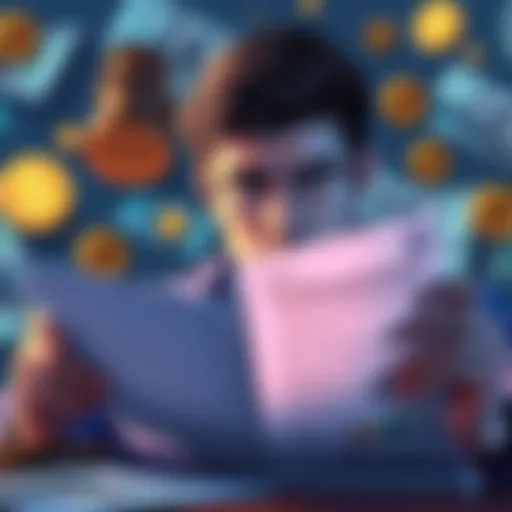 A person looking worried while reviewing a document about crypto investments, surrounded by symbols of money and law.