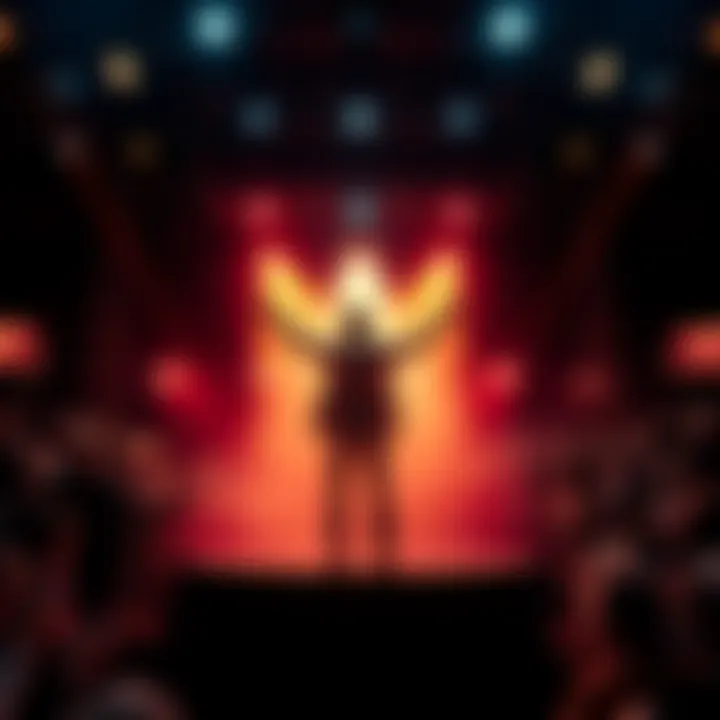 A famous person standing confidently on a stage, surrounded by cheering fans and bright lights, symbolizing their impact on fame and culture.