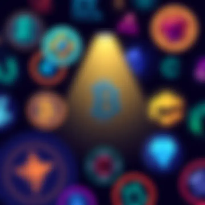 An illustration showing multiple blockchain logos that are lesser known, with a spotlight focusing on one unique blockchain logo, symbolizing its potential.