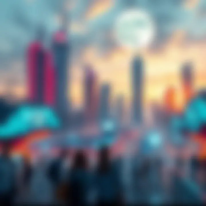 A futuristic city skyline with advanced technology and diverse people interacting in a lively urban setting.
