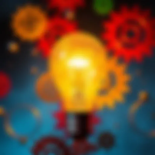 A glowing light bulb surrounded by colorful gears symbolizing creativity and innovation.