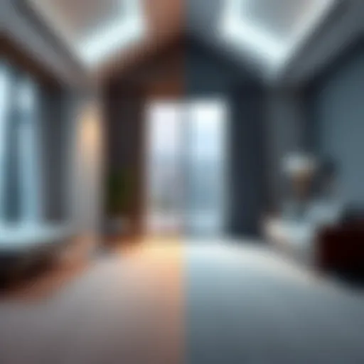 A side-by-side comparison of light gray and dark gray carpets in a home setting