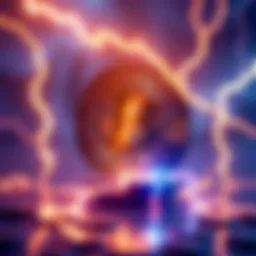 Graphic showing Bitcoin symbol with lightning bolts, representing fast transactions through the Lightning Network.